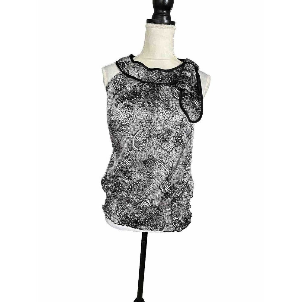 Vintage 90's Byer California B Wear Blouse White Black Office Career Travel Sz M